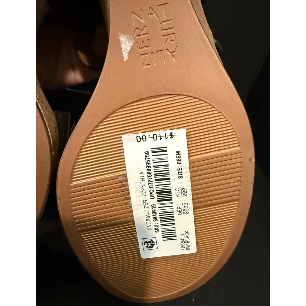 Naturalizer 6.5 M Cynthia Wedge Sandals Black Leather Cork Platform Straps NEW